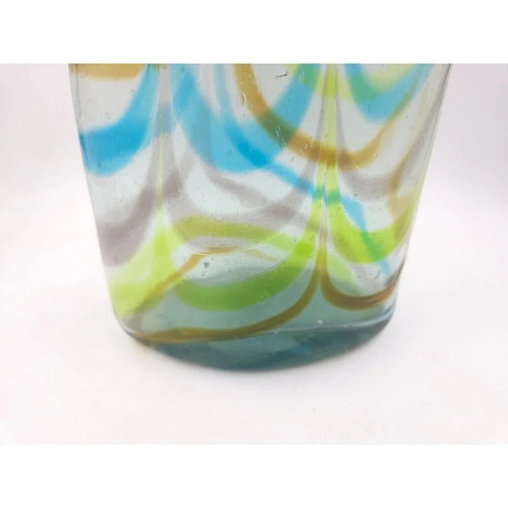 Vintage Lg Hand Blown Cased Art Glass Vase Blue Green Orange Stripes Unknown 11”